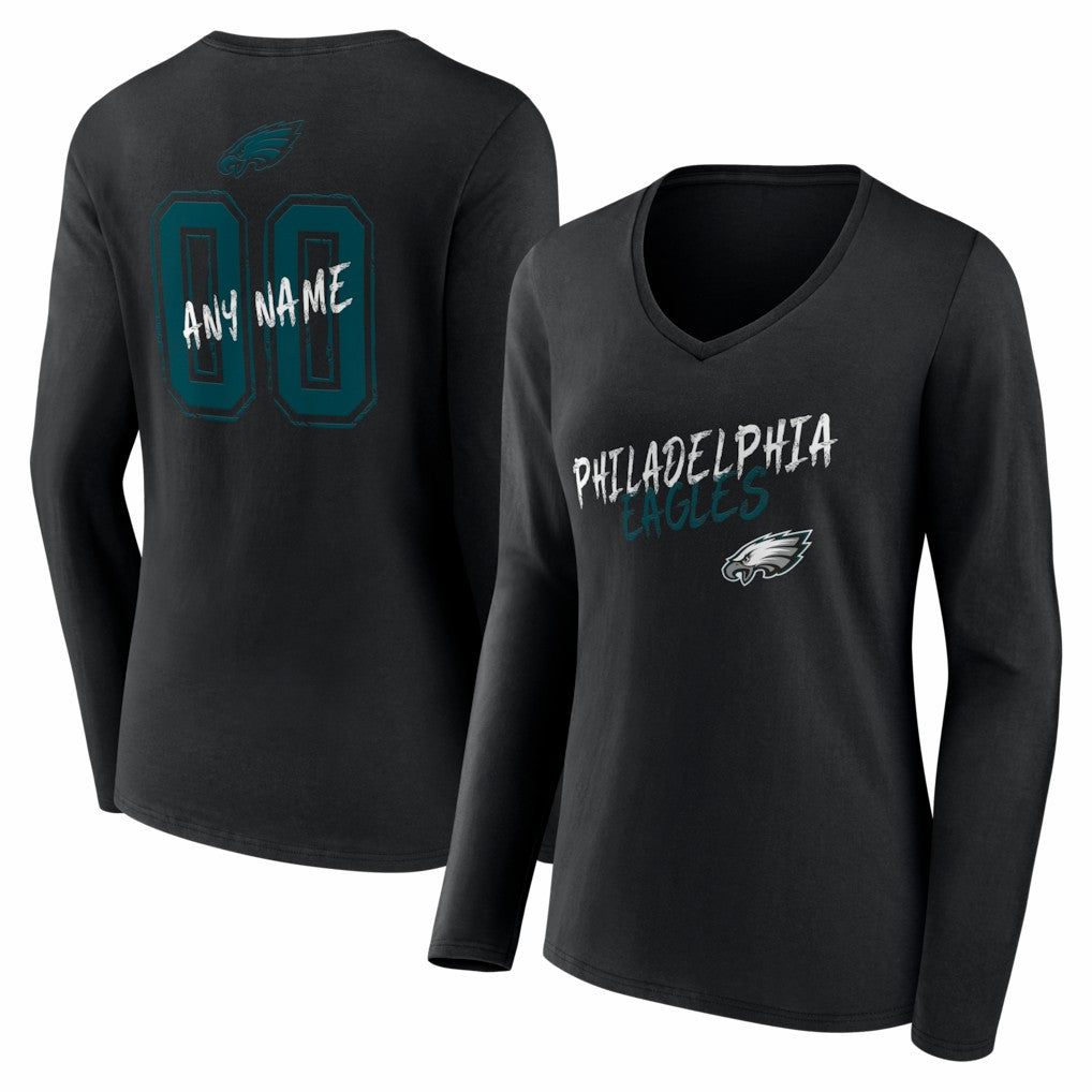Philadelphia Eagles Women's Hustle Personalized Name & Number Long Sleeve V-Neck T-Shirt - Black T-shirts