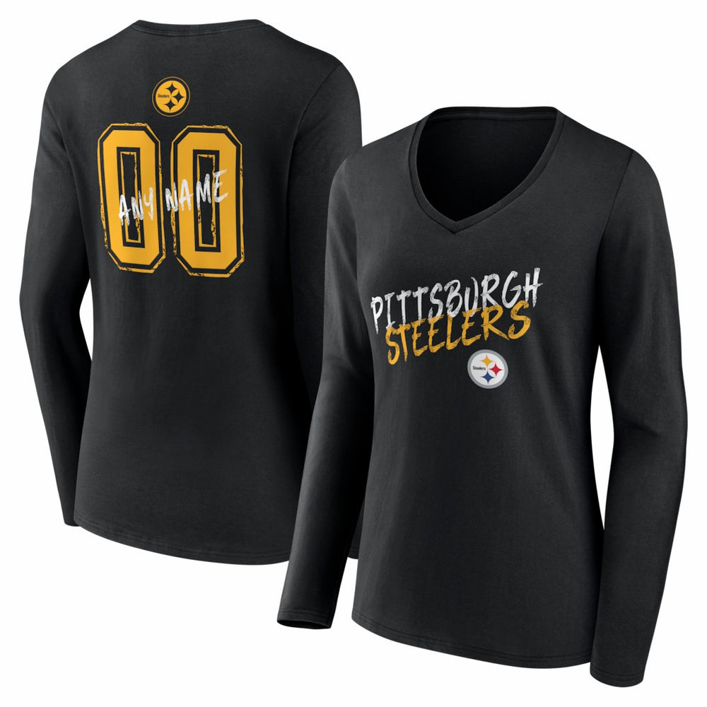 Pittsburgh Steelers Women's Hustle Personalized Name & Number Long Sleeve V-Neck T-Shirt - Black T-shirts