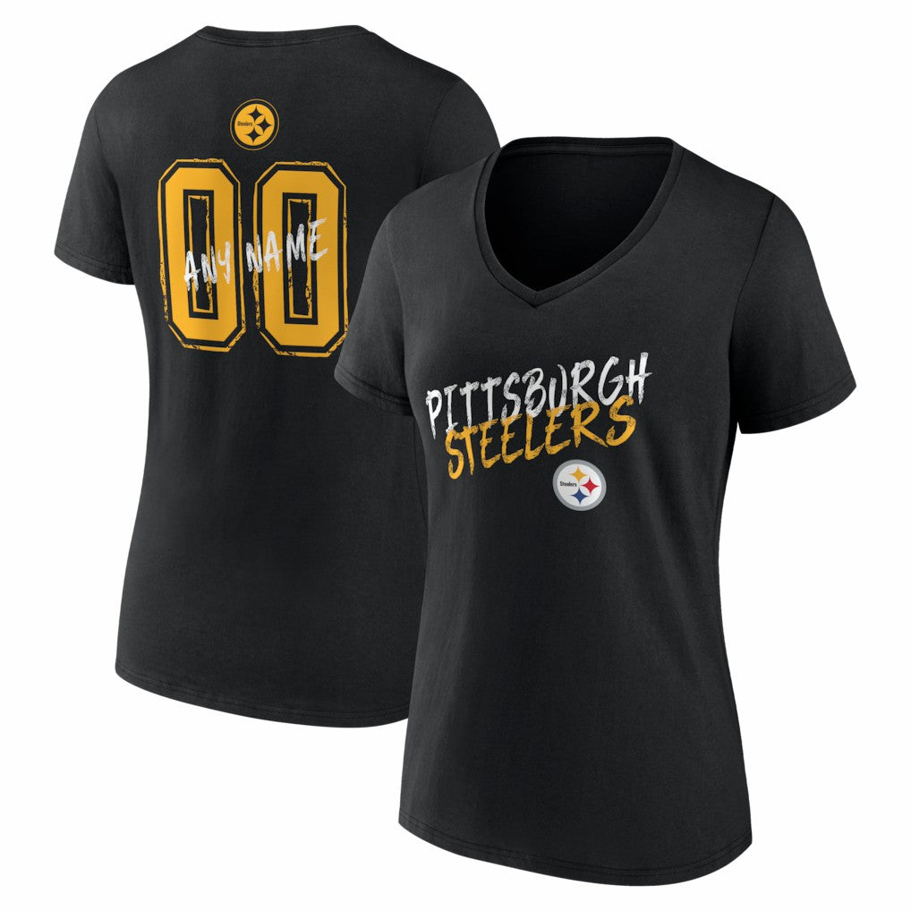 Pittsburgh Steelers Women's Hustle Personalized Name & Number V-Neck T-Shirt - Black T-shirts