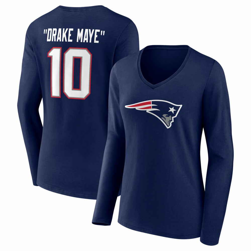 Drake Maye New England Patriots Women's Nickname V-Neck Long Sleeve T-Shirt - Navy T-shirts