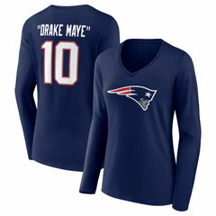 Drake Maye New England Patriots Women's Nickname V-Neck Long Sleeve T-Shirt - Navy T-shirts