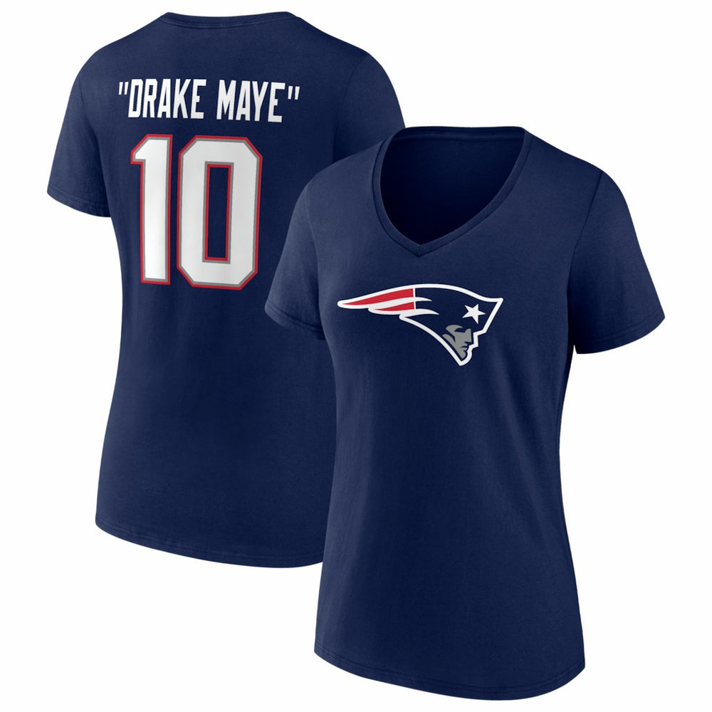 Drake Maye New England Patriots Women's Nickname V-Neck T-Shirt - Navy T-shirts