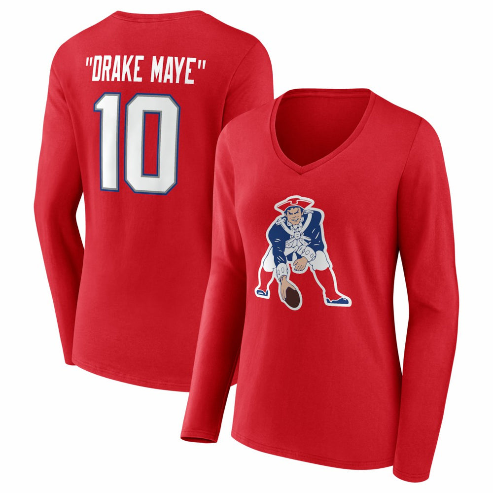 Drake Maye New England Patriots Women's Nickname V-Neck Long Sleeve T-Shirt - Red T-shirts