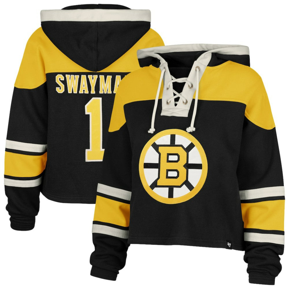 Jeremy Swayman Boston Bruins '47 Women's Superior Lacer Cropped Pullover Hoodie - Black | US 203730591