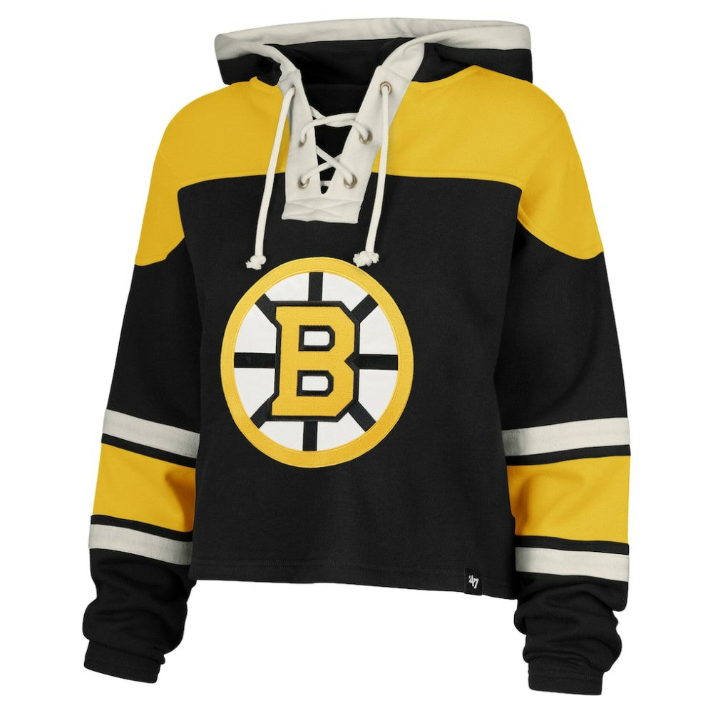 Jeremy Swayman Boston Bruins '47 Women's Superior Lacer Cropped Pullover Hoodie - Black | US 203730591