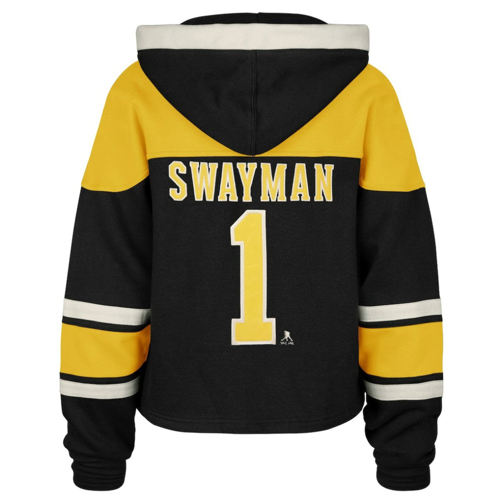 Jeremy Swayman Boston Bruins '47 Women's Superior Lacer Cropped Pullover Hoodie - Black | US 203730591