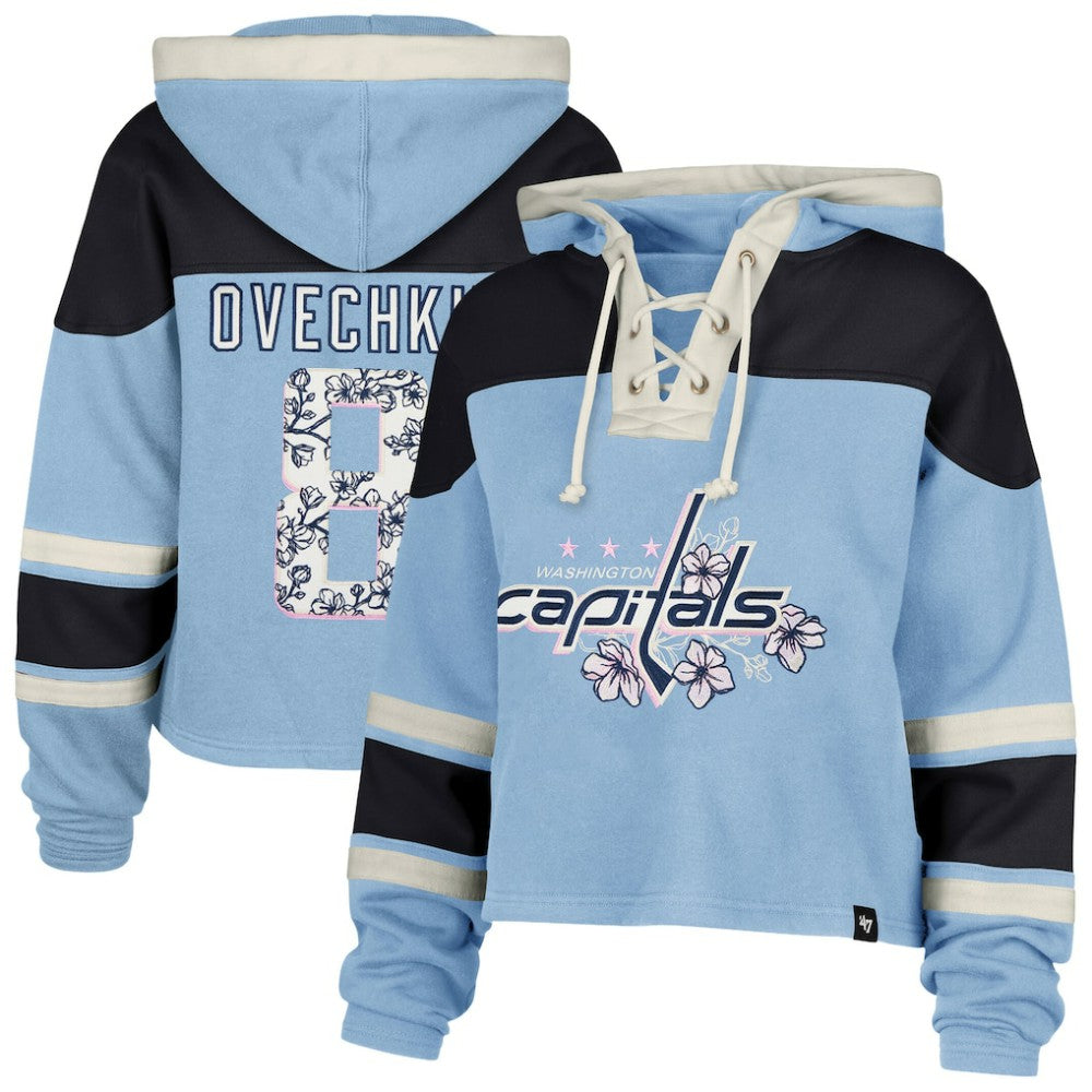 Alexander Ovechkin Washington Capitals '47 Women's Cherry Blossom Superior Lacer Cropped Pullover Hoodie - Light Blue | US 203730592