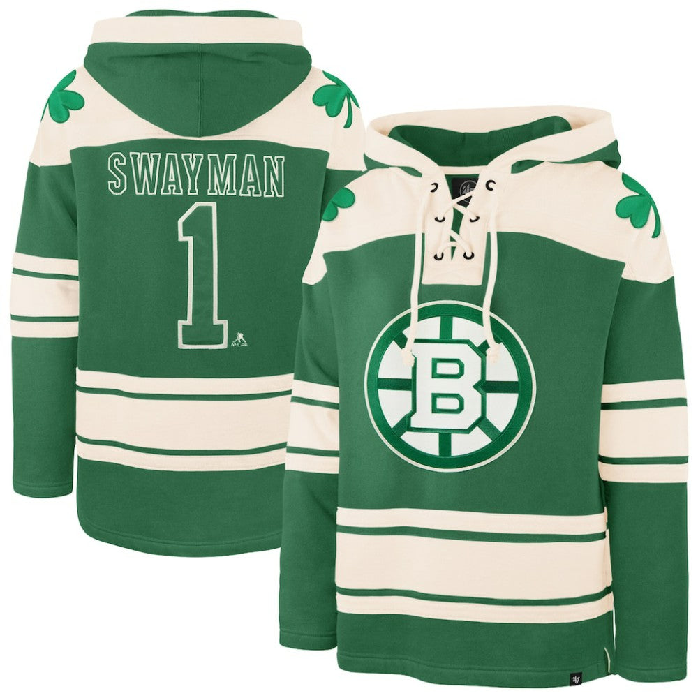 Jeremy Swayman Boston Bruins '47 St. Patrick's Day Player Name & Number Lacer Pullover Hoodie - Kelly Green | US 203730593