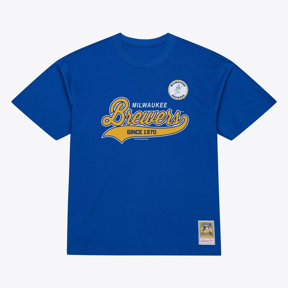 Milwaukee Brewers Mitchell & Ness Script Sweep Arch T-Shirt - Royal T-shirts
