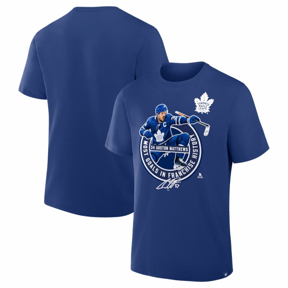 Auston Matthews Toronto Maple Leafs Most Goals in Franchise History T-Shirt - Blue | US 203731654