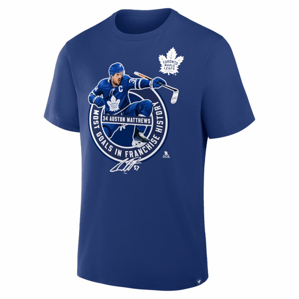 Auston Matthews Toronto Maple Leafs Most Goals in Franchise History T-Shirt - Blue | US 203731654