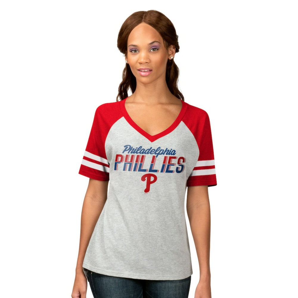 Philadelphia Phillies G-III 4Her by Carl Banks Women's Goal Line Raglan V-Neck T-Shirt - Heather Gray T-shirts