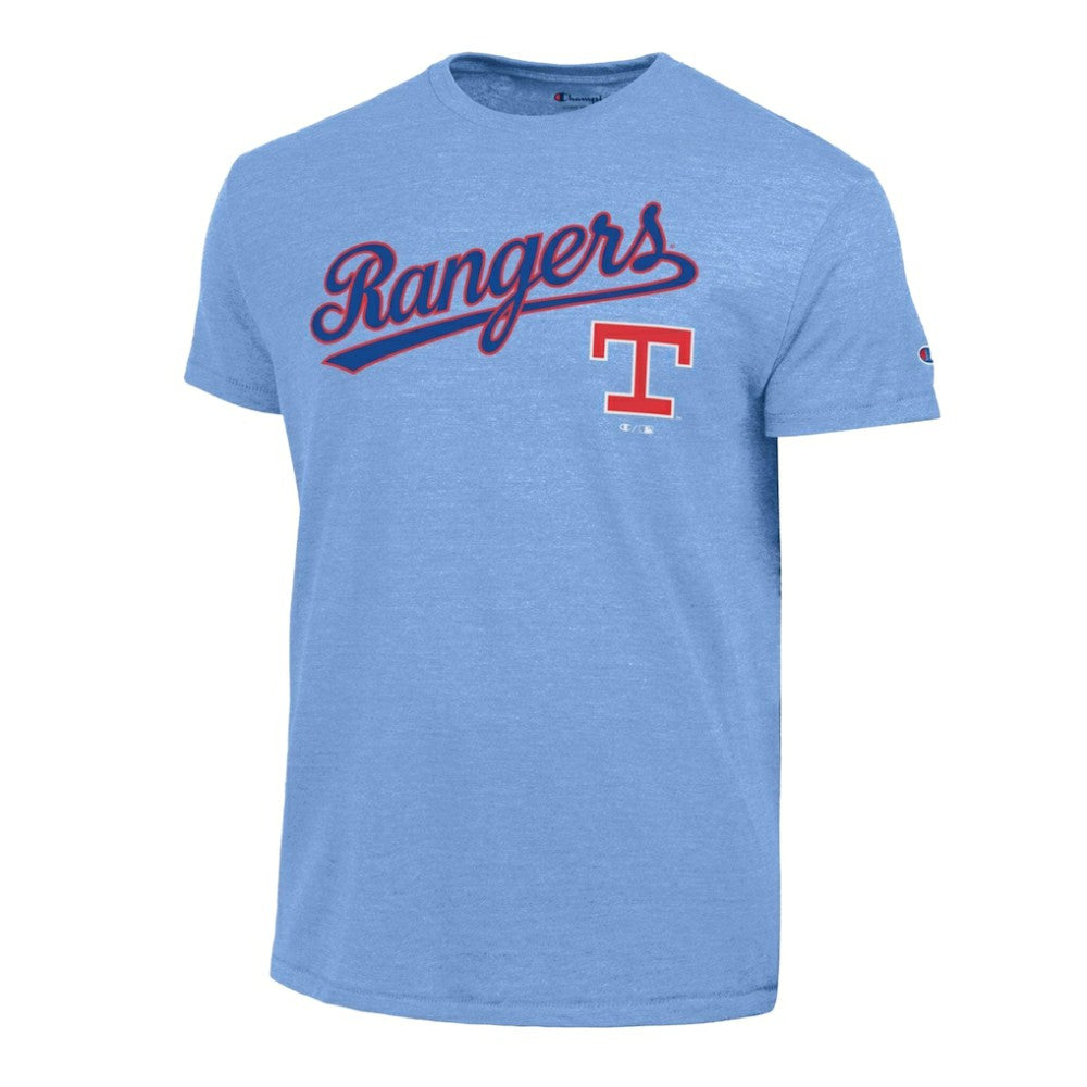 Texas Rangers Champion Cooperstown Wordmark Lockup Tri-Blend T-Shirt - Light Blue T-shirts