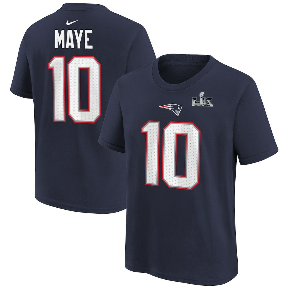 Drake Maye New England Patriots Youth Super Bowl LX Patch Name & Number T-Shirt - Navy T-shirts