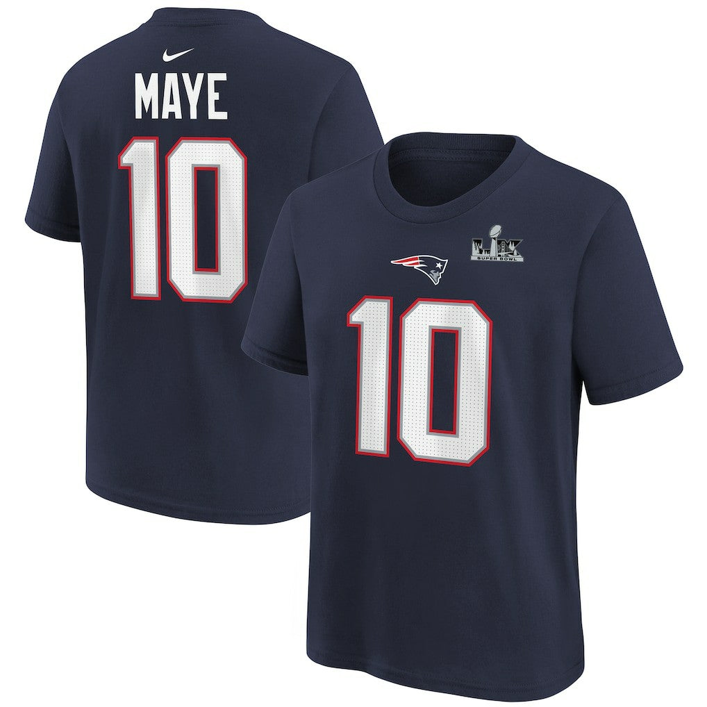 Drake Maye New England Patriots Youth Super Bowl LX Patch Name & Number T-Shirt - Navy T-shirts