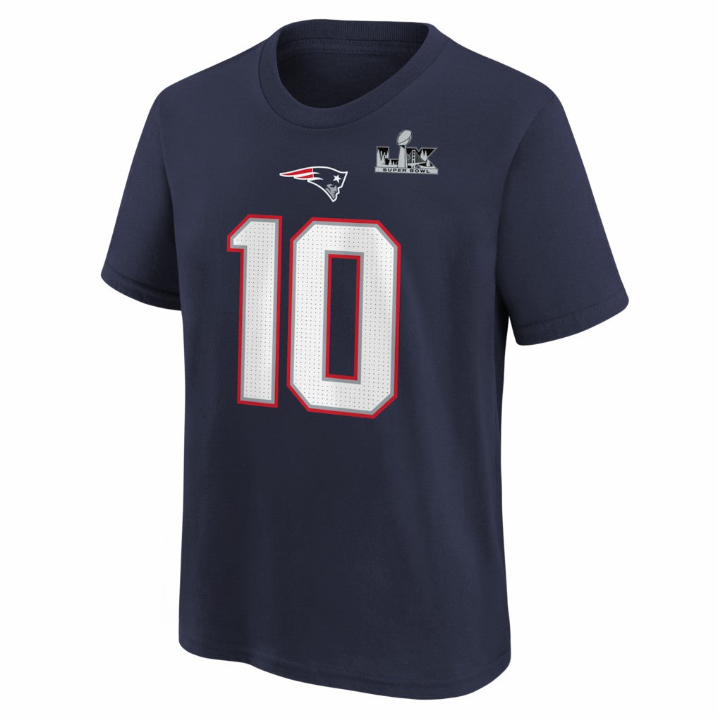 Drake Maye New England Patriots Youth Super Bowl LX Patch Name & Number T-Shirt - Navy T-shirts