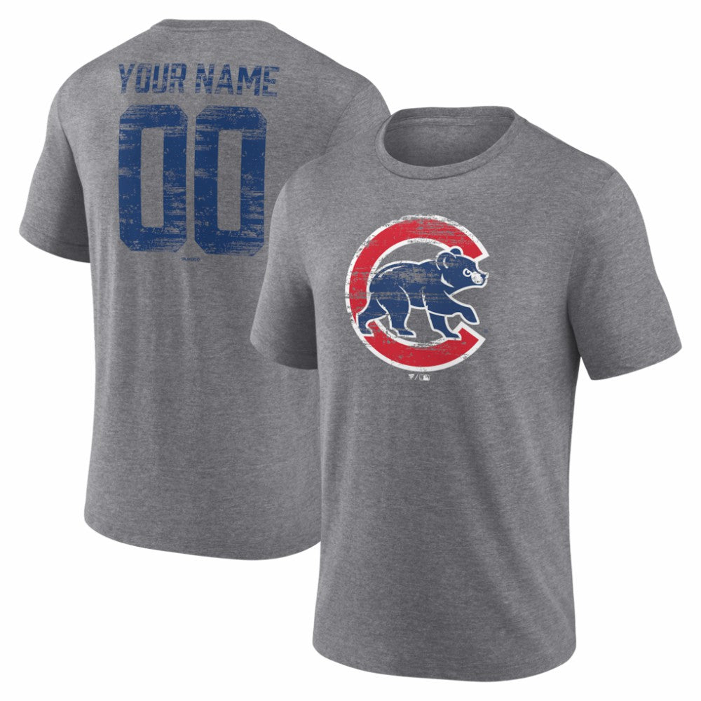 Chicago Cubs Heritage Personalized Any Name & Number Tri-Blend T-Shirt - Gray T-shirts