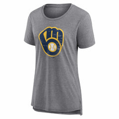 Milwaukee Brewers Women's Heritage Personalized Any Name & Number Tri-Blend T-Shirt - Gray T-shirts