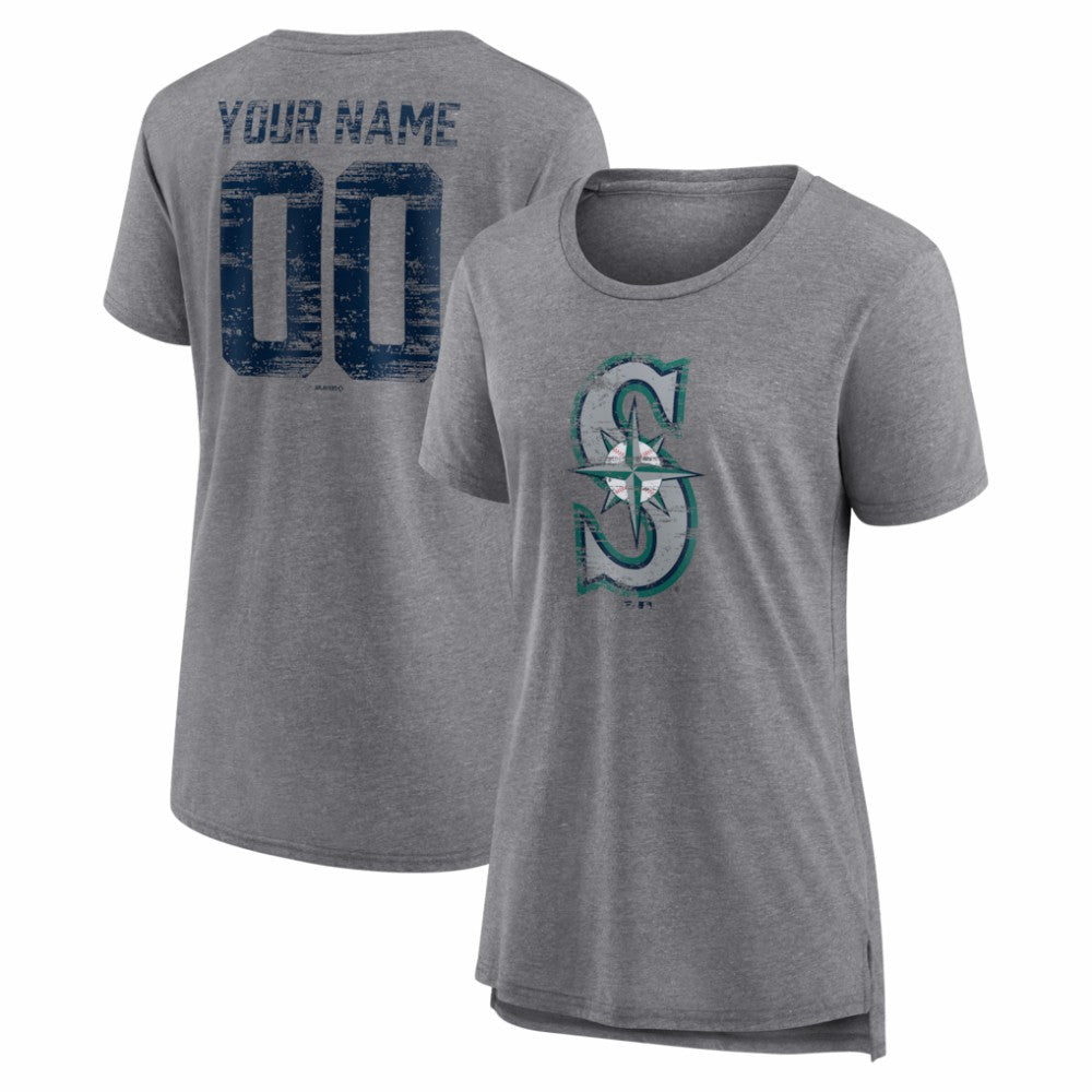 Seattle Mariners Women's Heritage Personalized Any Name & Number Tri-Blend T-Shirt - Gray T-shirts
