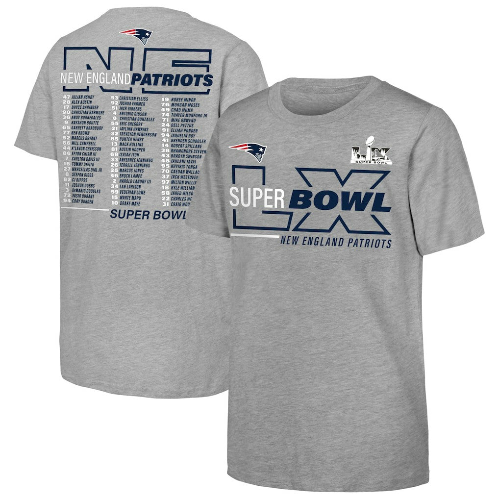 New England Patriots Youth Super Bowl LX Roster T-Shirt - Heather Gray T-shirts