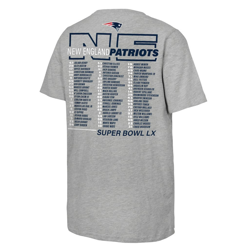 New England Patriots Youth Super Bowl LX Roster T-Shirt - Heather Gray T-shirts