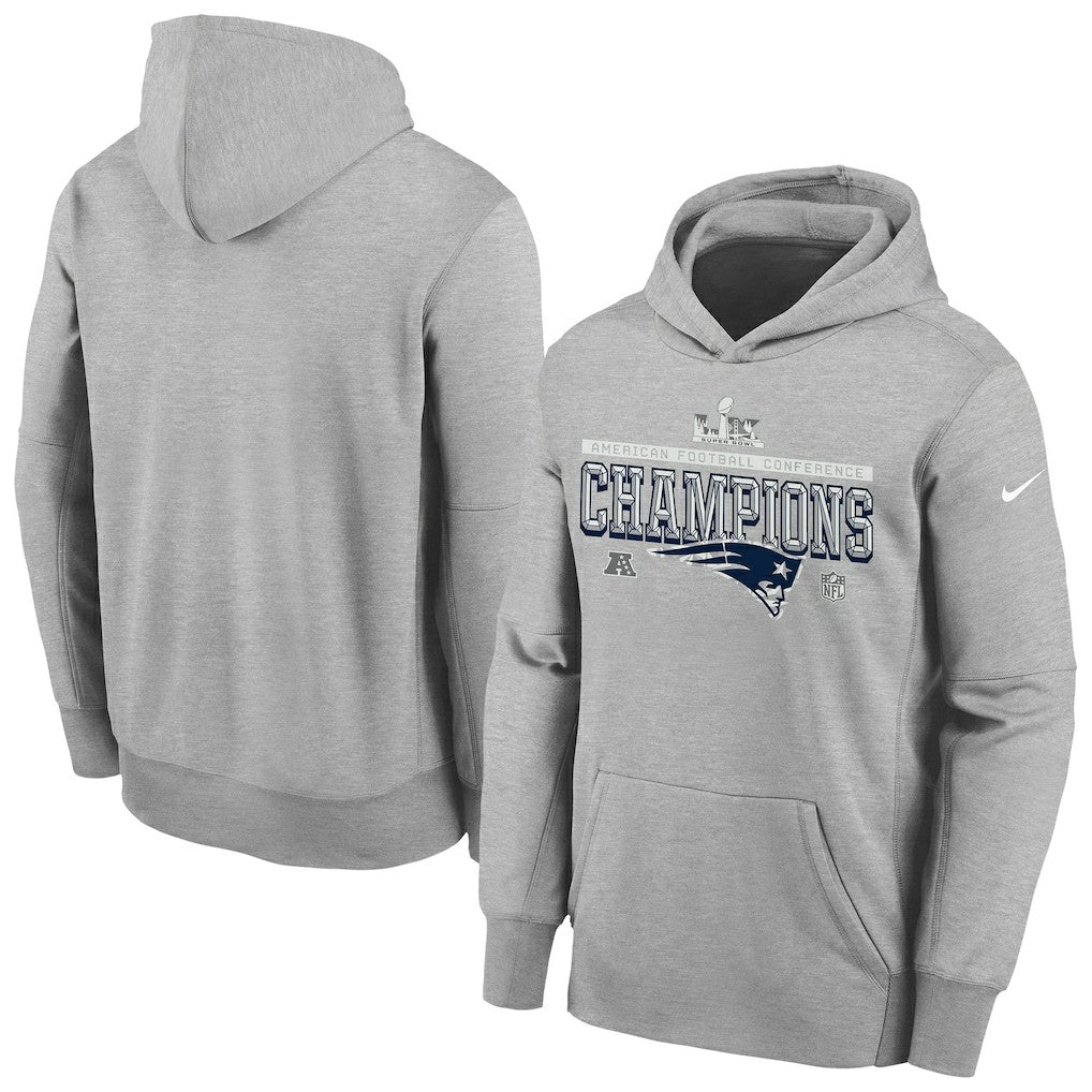 New England Patriots Youth 2025 AFC Champions Locker Room Trophy Collection Authentic Hoodie - Gray Hoodies