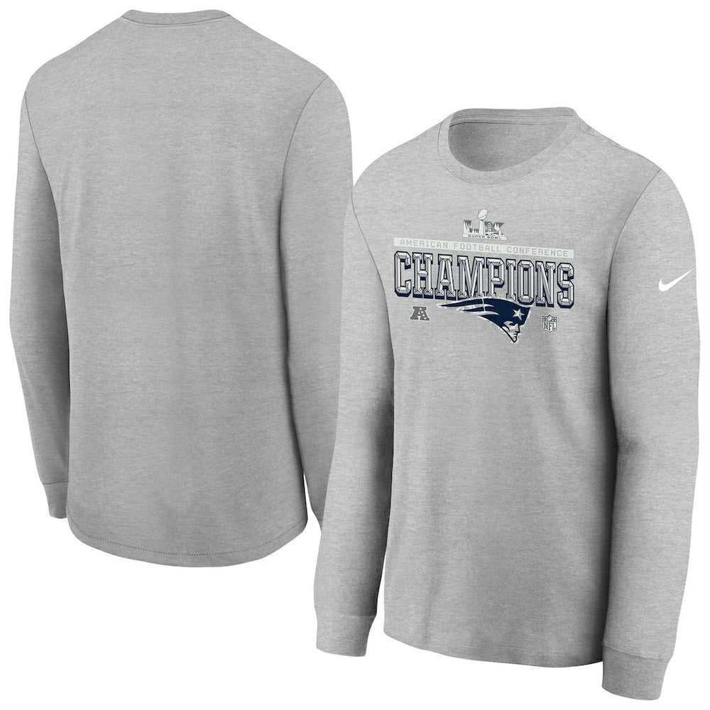 New England Patriots Youth 2025 AFC Champions Locker Room Trophy Collection Long Sleeve T-Shirt - Gray T-shirts