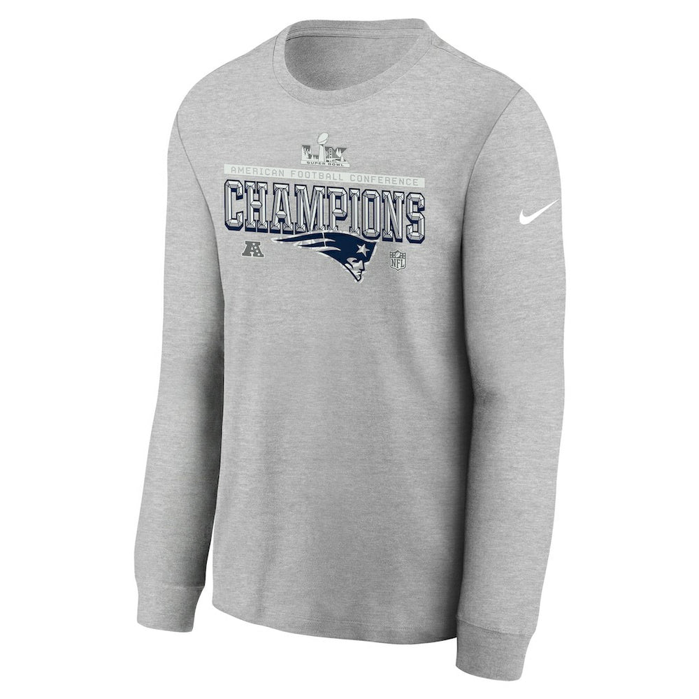 New England Patriots Youth 2025 AFC Champions Locker Room Trophy Collection Long Sleeve T-Shirt - Gray T-shirts