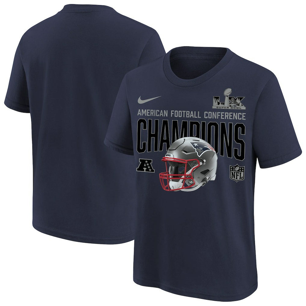 New England Patriots Youth 2025 AFC Champions Glory Shield Helmet T-Shirt - Navy T-shirts
