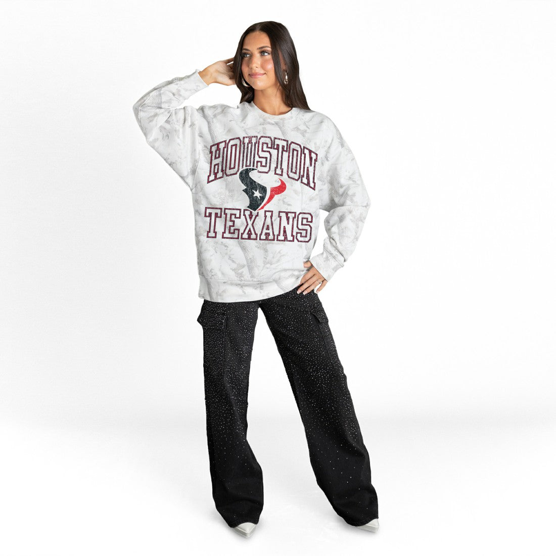 Houston Texans Gameday Couture Women's Whiteout Oversized Premium Fleece Sweatshirt - Arctic Camo Sweatshirts