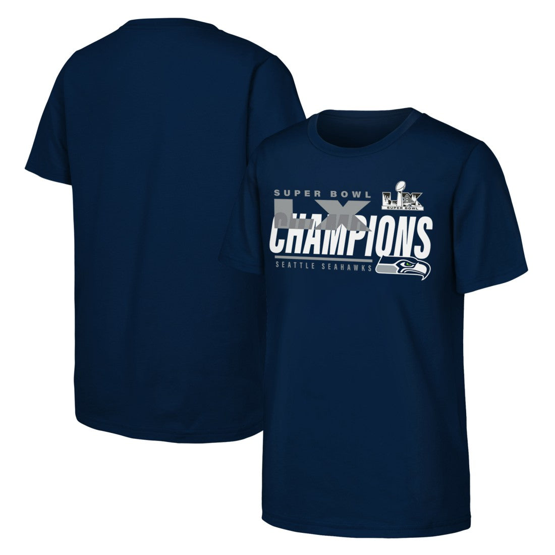 Seattle Seahawks Youth Super Bowl LX Champions Iconic Victory T-Shirt - College Navy T-shirts