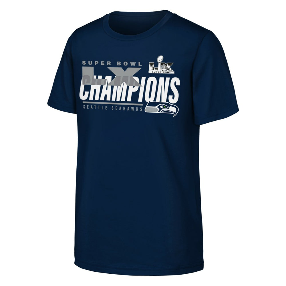 Seattle Seahawks Youth Super Bowl LX Champions Iconic Victory T-Shirt - College Navy T-shirts