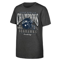 Seattle Seahawks Youth Super Bowl LX Champions Prestigious Run Helmet T-Shirt - Charcoal T-shirts