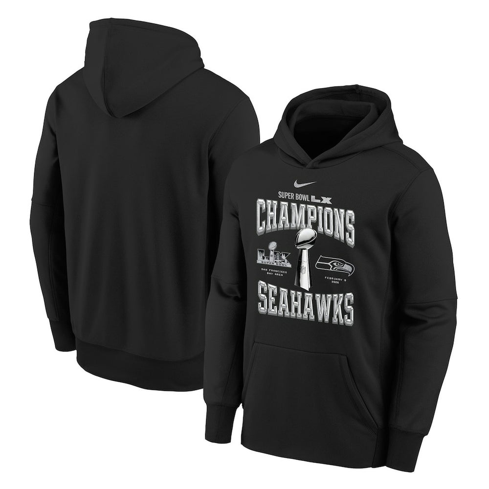 Seattle Seahawks Youth Super Bowl LX Champions Locker Room Trophy Collection Authentic Hoodie - Black Hoodies