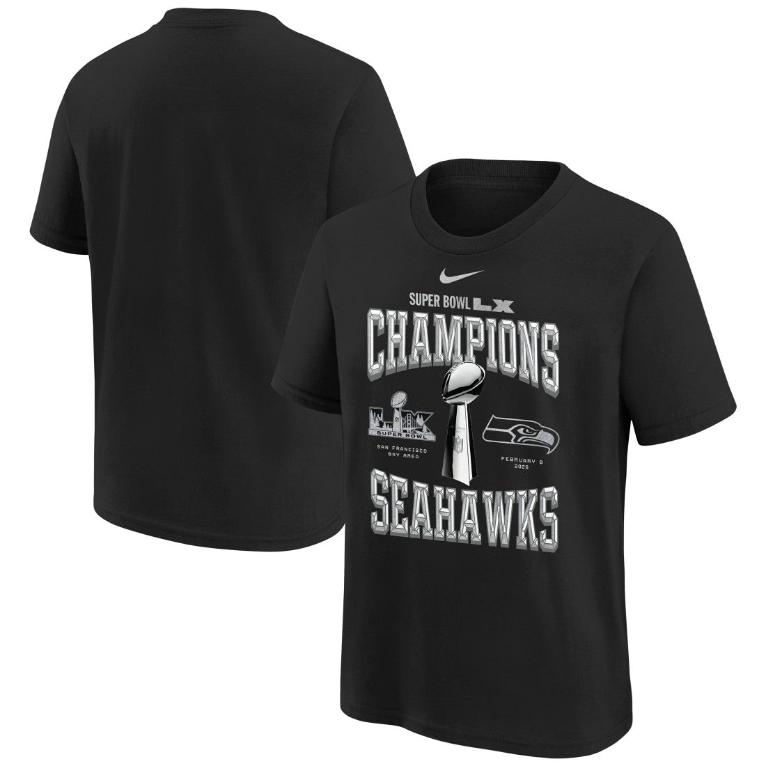 Seattle Seahawks Youth Super Bowl LX Champions Locker Room Trophy Collection Replica T-Shirt - Black T-shirts