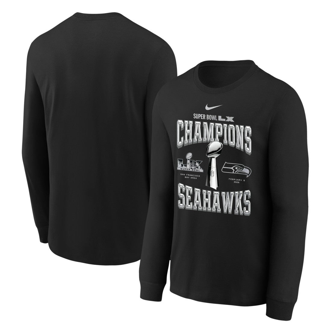 Seattle Seahawks Youth Super Bowl LX Champions Locker Room Trophy Collection Long Sleeve T-Shirt - Black T-shirts