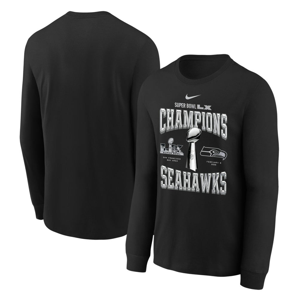 Seattle Seahawks Youth Super Bowl LX Champions Locker Room Trophy Collection Long Sleeve T-Shirt - Black T-shirts
