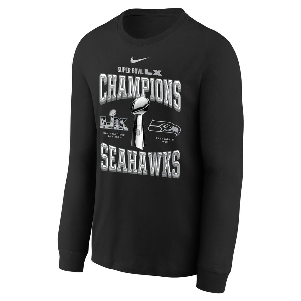 Seattle Seahawks Youth Super Bowl LX Champions Locker Room Trophy Collection Long Sleeve T-Shirt - Black T-shirts
