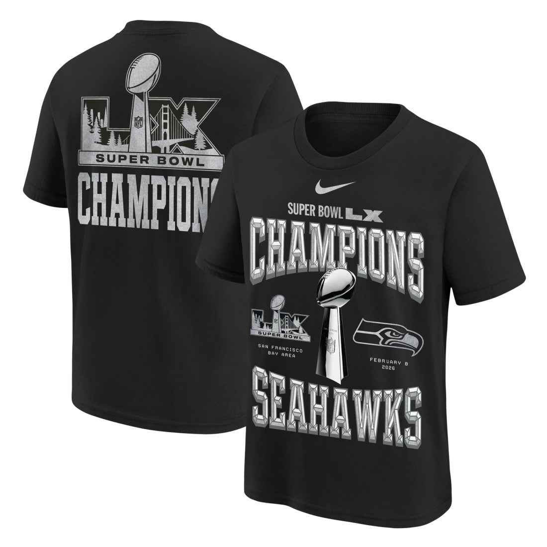 Seattle Seahawks Youth Super Bowl LX Champions Locker Room Trophy Collection Authentic T-Shirt - Black T-shirts