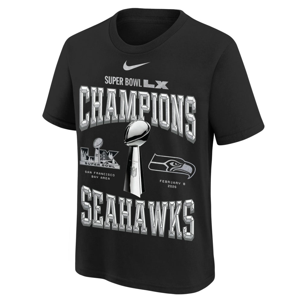 Seattle Seahawks Youth Super Bowl LX Champions Locker Room Trophy Collection Authentic T-Shirt - Black T-shirts