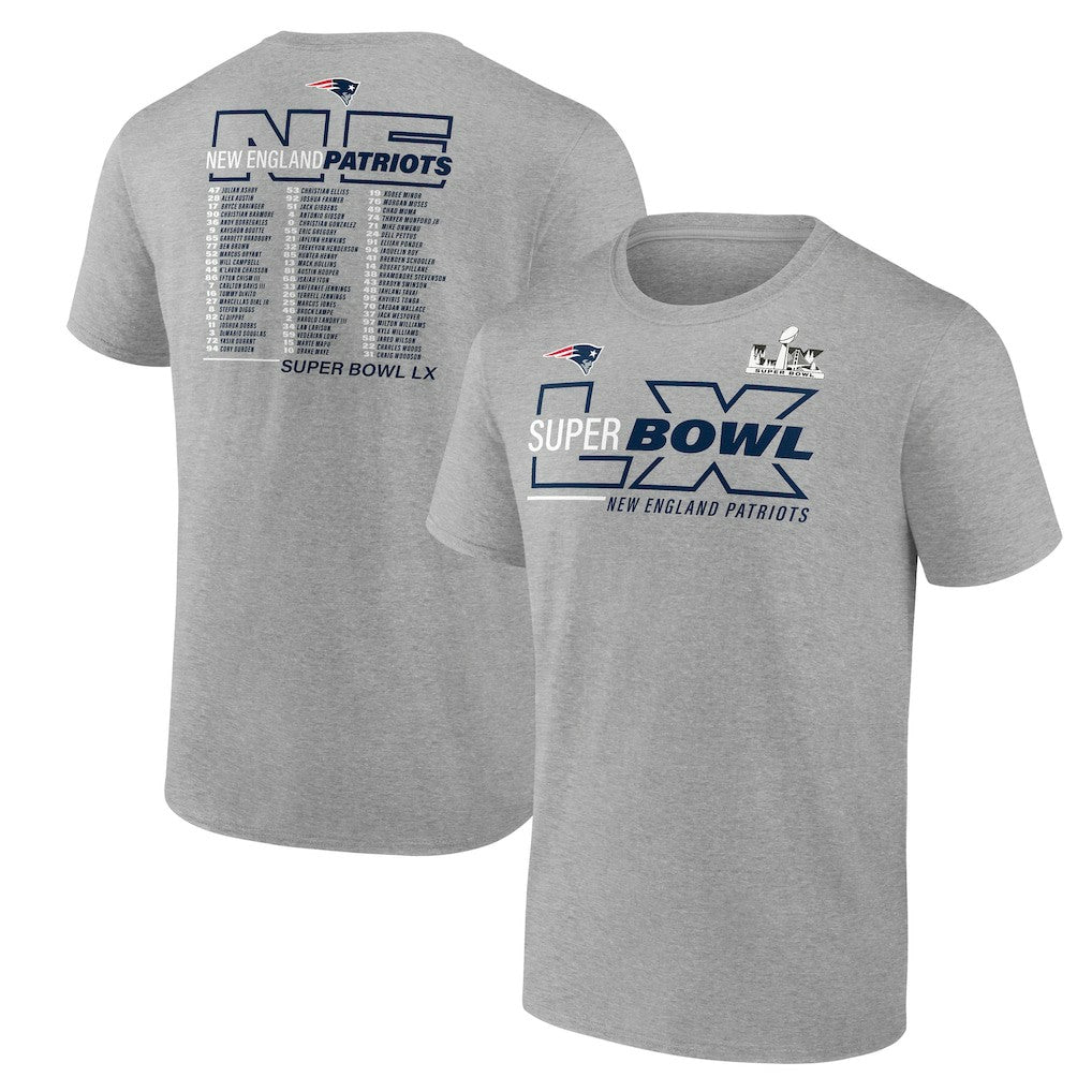 New England Patriots Super Bowl LX Big & Tall Roster T-Shirt - Heather Gray T-shirts