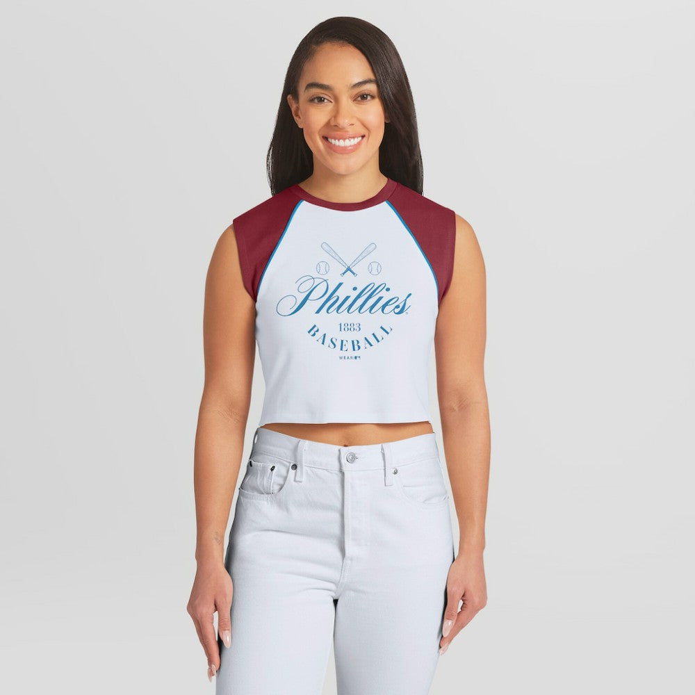 Philadelphia Phillies WEAR by Erin Andrews Women's Cooperstown Cropped Raglan Tank Top - White Tanks
