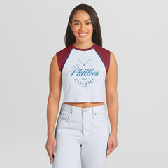 Philadelphia Phillies WEAR by Erin Andrews Women's Cooperstown Cropped Raglan Tank Top - White Tanks