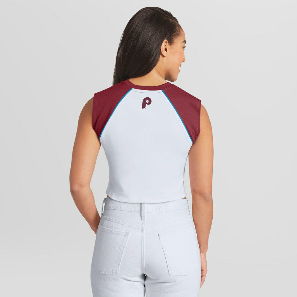 Philadelphia Phillies WEAR by Erin Andrews Women's Cooperstown Cropped Raglan Tank Top - White Tanks