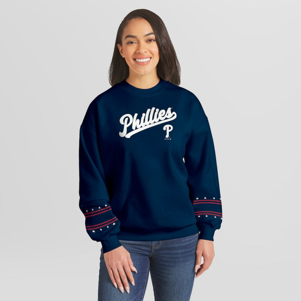 Philadelphia Phillies WEAR by Erin Andrews Women's Americana Heavyweight Fleece Sweatshirt - Navy Sweatshirts