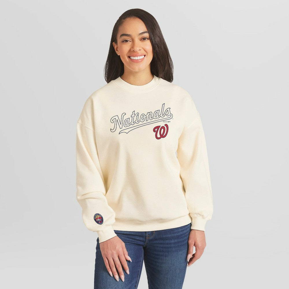 Washington Nationals WEAR by Erin Andrews Women's Heavyweight Crew Neck Sweatshirt - Cream Sweatshirts
