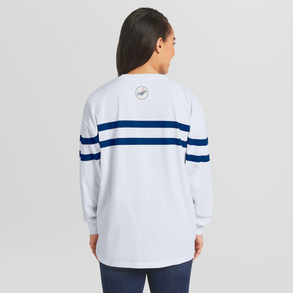 Los Angeles Dodgers WEAR by Erin Andrews Women's Oversized Long Sleeve Striped T-Shirt - White T-shirts