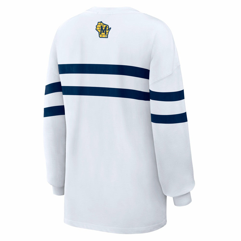 Milwaukee Brewers WEAR by Erin Andrews Women's Oversized Long Sleeve Striped T-Shirt - White T-shirts