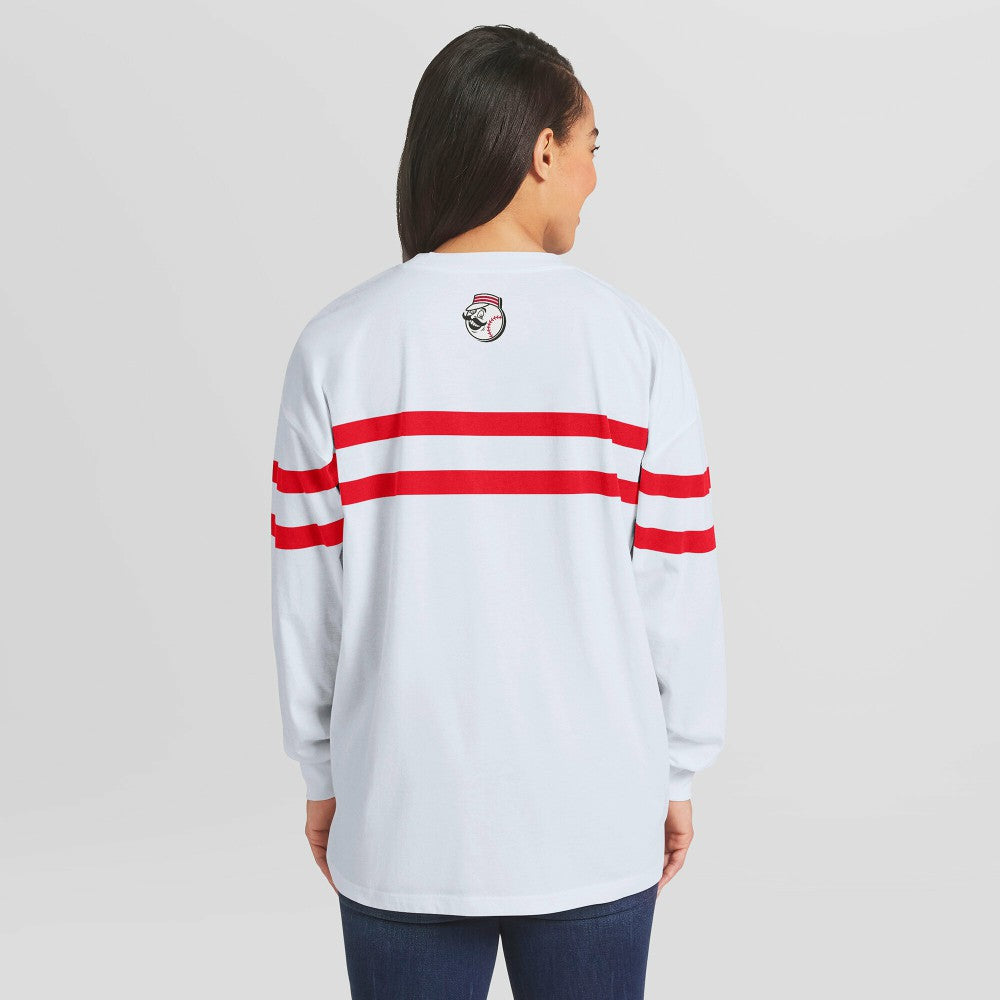 Cincinnati Reds WEAR by Erin Andrews Women's Oversized Long Sleeve Striped T-Shirt - White T-shirts