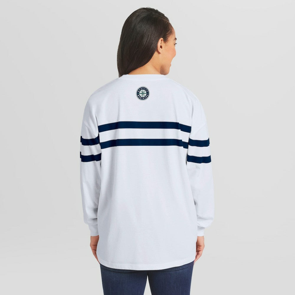 Seattle Mariners WEAR by Erin Andrews Women's Oversized Long Sleeve Striped T-Shirt - White T-shirts